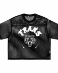 Trans Pride Tattoo Inspired Design on front of Black See-through Boxy Net T-shirt See-through Boxy Net T-Shirt