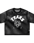 Trans Pride Tattoo Inspired Design on front of Black See-through Boxy Net T-shirt See-through Boxy Net T-Shirt