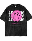 Lesbian Streetwear Style Pink Smiley Graphic Tee on Black Acid Wash Oversize T-Shirt Acid Wash Oversize T-Shirt