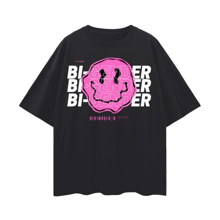 Bi-Gender Graphic T-Shirt Pink Smiley on Black Oversize Deep Drop Shoulder Tee Oversize Deep Drop Shoulder Tee - 190 GSM