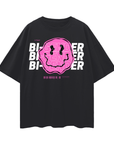 Bi-Gender Graphic T-Shirt Pink Smiley on Black Oversize Deep Drop Shoulder Tee Oversize Deep Drop Shoulder Tee - 190 GSM