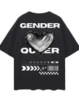 Camiseta de orgullo de género no binario, ropa de calle, camiseta de hombros caídos de gran tamaño con corazón cromado y género no binario en negro - 190 g/m²