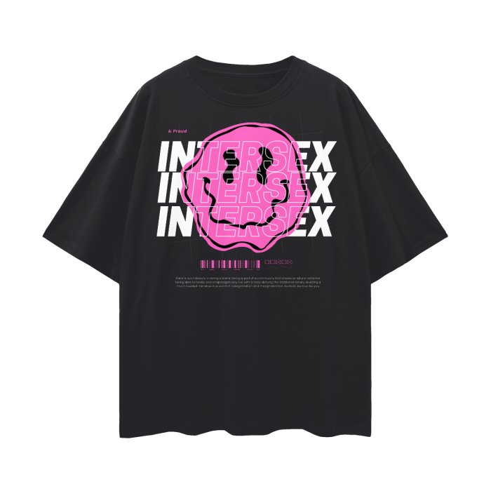 Intersex Pride T-Shirt Pink Smiley on Black Oversize Deep Drop Shoulder Tee Oversize Deep Drop Shoulder Tee - 190 GSM