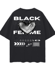 Black Femme Streetwear Fashion Chrome Heart on Black Oversize Deep Drop Shoulder Tee - 190 GSM