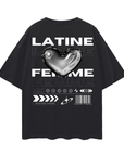 Latine & Femme Chrome Heart Streetwear Pride Gear on Black Oversize Deep Drop Shoulder Tee - 190 GSM