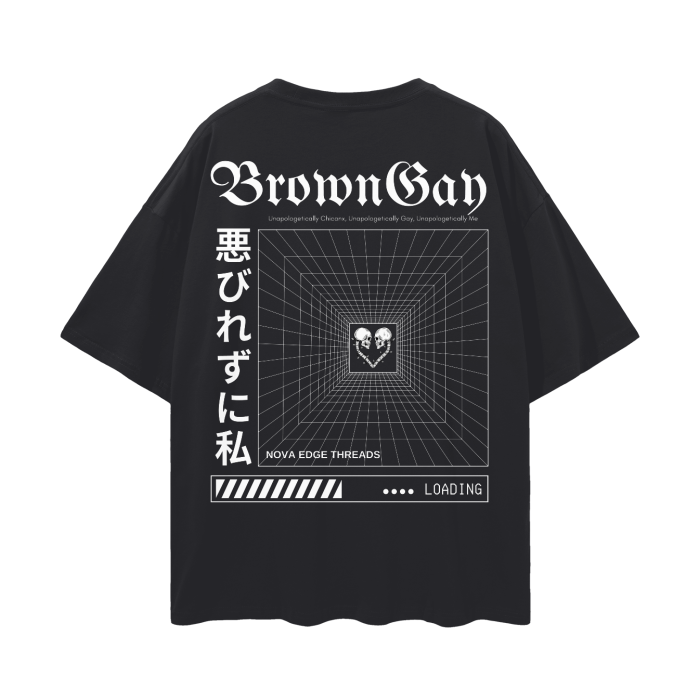Unapologetically Brown Gay Pride Japanese Streetwear Style on back of Black Oversize Deep Drop Shoulder Tee - 190 GSM Oversize Deep Drop Shoulder Tee - 190 GSM