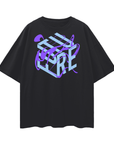 Light Blue and Purple Future is Fluid Abstract Surrealism Graphic on front of Black Oversize Deep Drop Shoulder Tee - 190 GSM Oversize Deep Drop Shoulder Tee - 190 GSM