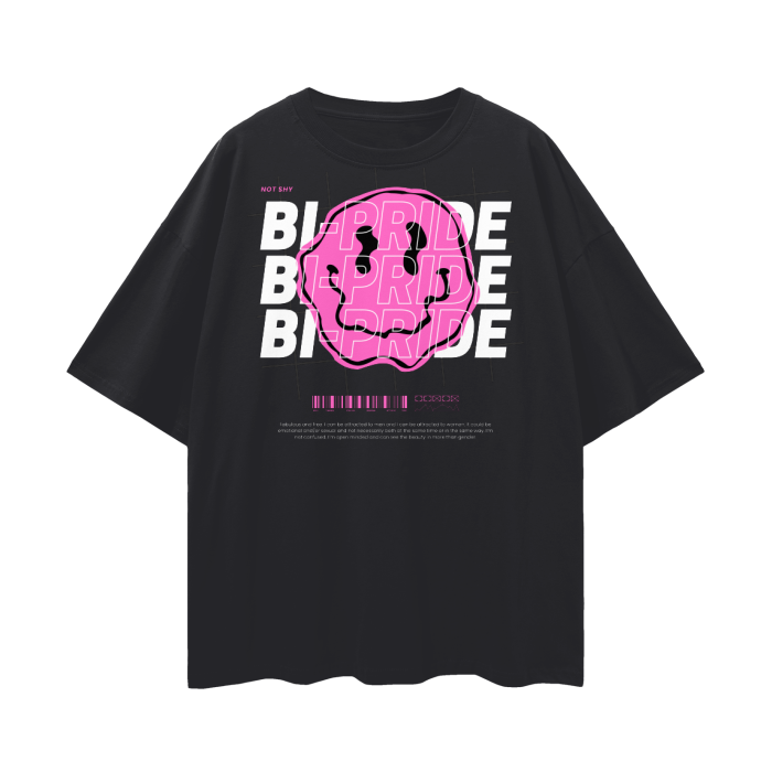 Bi-Pride Graphic Tee Pink Smiley Bisexual+ Pride & Not Shy on front of Black Oversize Deep Drop Shoulder Tee - 190 GSM Oversize Deep Drop Shoulder Tee - 190 GSM