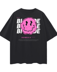 Bi-Pride Graphic Tee Pink Smiley Bisexual+ Pride & Not Shy on front of Black Oversize Deep Drop Shoulder Tee - 190 GSM Oversize Deep Drop Shoulder Tee - 190 GSM