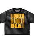 BlaQueer Orange on Black Mesh Work Block Art See-through Boxy Net T-Shirt