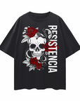 Resistencia español for Resistence Skull & Roses on front of Black Oversize Deep Drop Shoulder Tee Oversize Deep Drop Shoulder Tee - 190 GSM