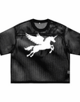 Flying Unicorn Pixelated Bold Print on front of Black See-through Boxy Net T-Shirt See-through Boxy Net T-Shirt