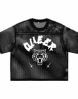 Queer Pride Punk Tattoo Inspired Design on front of Black See-through Boxy Net T-shirt See-through Boxy Net T-Shirt