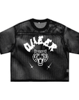 Queer Pride Punk Tattoo Inspired Design on front of Black See-through Boxy Net T-shirt See-through Boxy Net T-Shirt