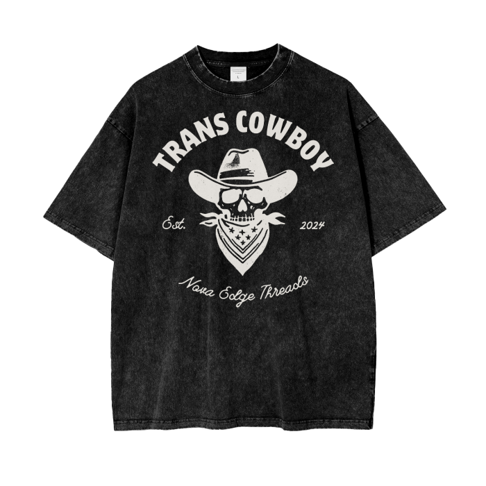 Trans Cowboy Vintage Graphic Tee Transmasc Pride on front of Black Acid Wash Oversize T-Shirt - 250 GSM Acid Wash Oversize T-Shirt
