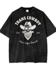 Trans Cowboy Vintage Graphic Tee Transmasc Pride on front of Black Acid Wash Oversize T-Shirt - 250 GSM Acid Wash Oversize T-Shirt
