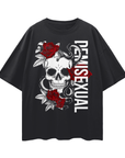 Demisexual Pride T-Shirt Skull and Roses Tattoo Inspired Design on front of Black Oversize Tee Oversize Deep Drop Shoulder Tee - 190 GSM