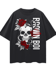 Brown Boi Pride Skull and Roses on front of Black Oversize Deep Drop Shoulder Tee Oversize Deep Drop Shoulder Tee - 190 GSM