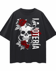 La Jotería Reclaimed Gay Pride Skull & Roses on front of Black Oversize Tee Oversize Deep Drop Shoulder Tee - 190 GSM