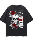 La Jotería Reclaimed Gay Pride Skull & Roses on front of Black Oversize Tee Oversize Deep Drop Shoulder Tee - 190 GSM