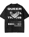 Camiseta con gráfico de estilo urbano con orgullo queer y trans en color negro, lavado ácido, camiseta oversize de 250 g/m²