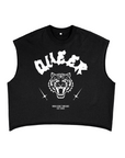Queer Pride Boxy Tank Top, Tattoo Inspired Tiger Design on front of Black French Terry Tank Top with Punk Lettering 'QUEER' and streetwear inspired daggers