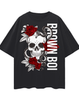 Brown Boi Skull and Red Roses Graphic Chicano Streetwear Style on Front of Black Oversize Deep Drop Shoulder Tee - 190 GSM