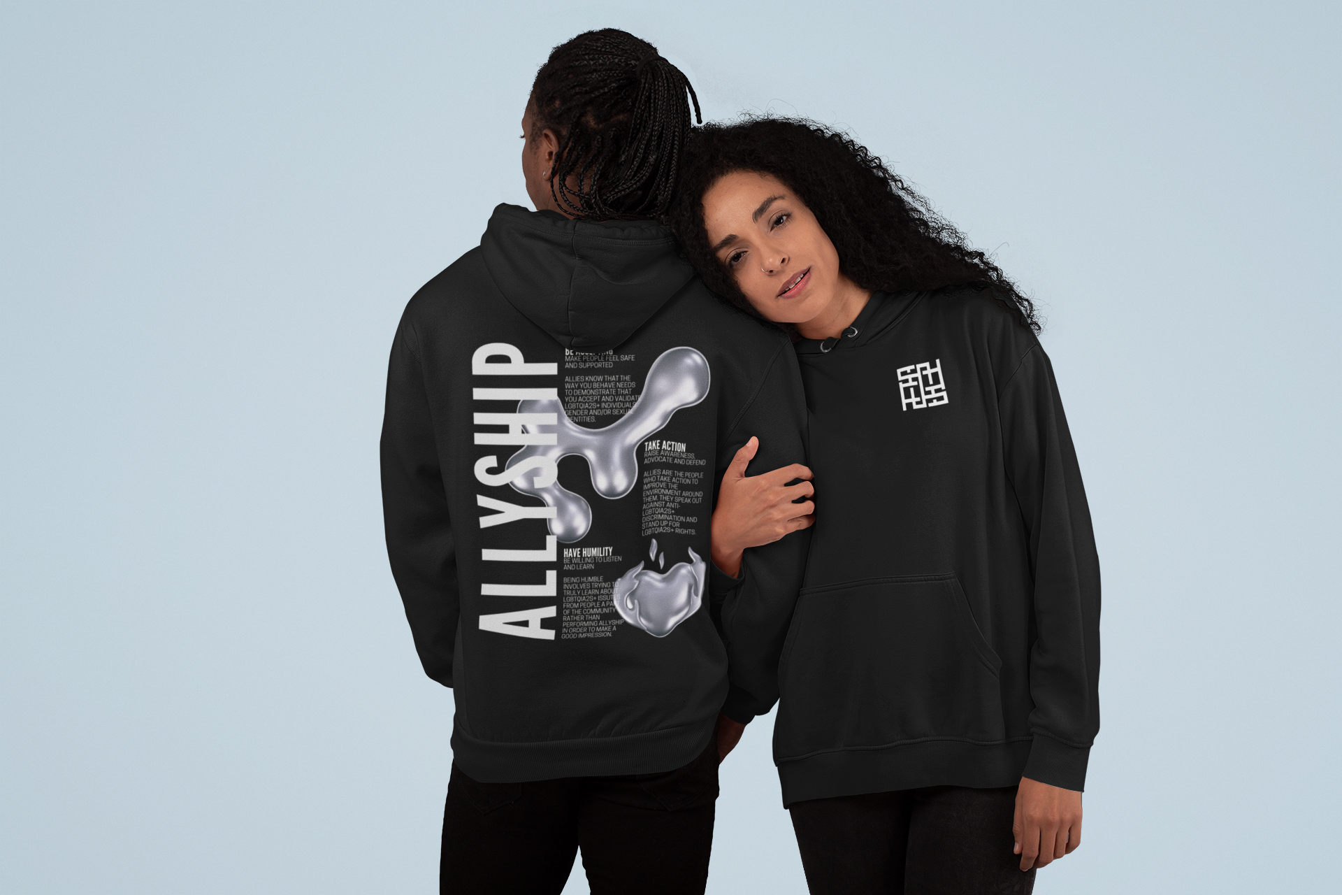 Allyship Graphic on Back of Black Sweatshirt Eco Raglan Hoodie Eco Raglan Hoodie