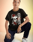 Aromantic Pride T-Shirt Skull and Roses Design on front of black Oversize Deep Drop Shoulder Tee Oversize Deep Drop Shoulder Tee - 190 GSM