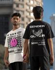 Camiseta de orgullo de género no binario, ropa de calle, camiseta de hombros caídos de gran tamaño con corazón cromado y género no binario en negro - 190 g/m²