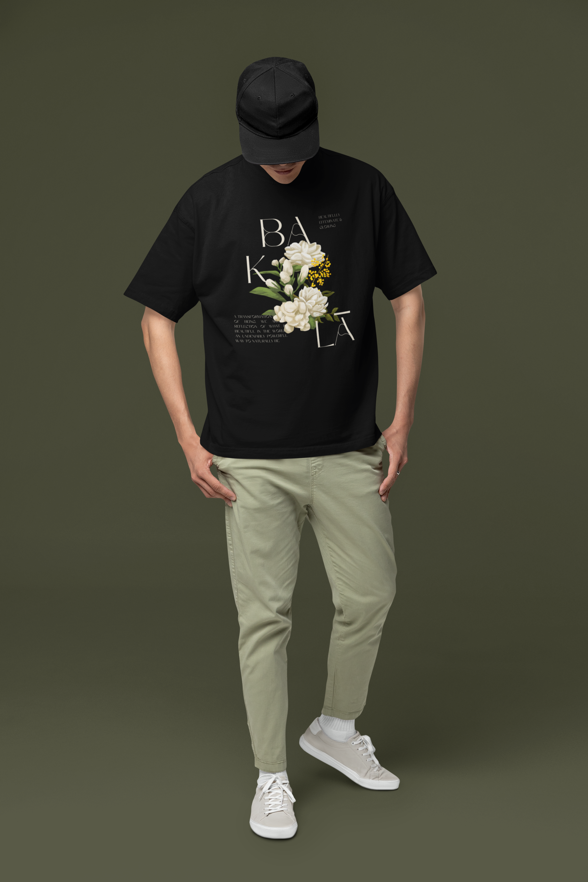 Baklâ Beautifully Effeminate Filipino Bakla Queer Pride Shirt Vintage Flowers on front of Black Oversize Deep Drop Shoulder Tee Oversize Deep Drop Shoulder Tee - 190 GSM