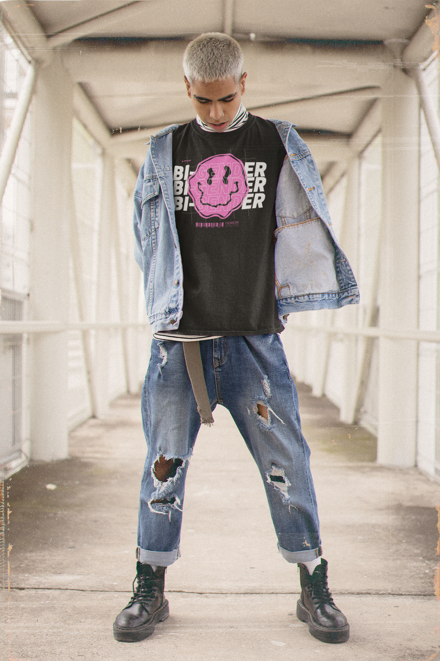 Bi-Gender Graphic T-Shirt Pink Smiley on Black Oversize Deep Drop Shoulder Tee Oversize Deep Drop Shoulder Tee - 190 GSM