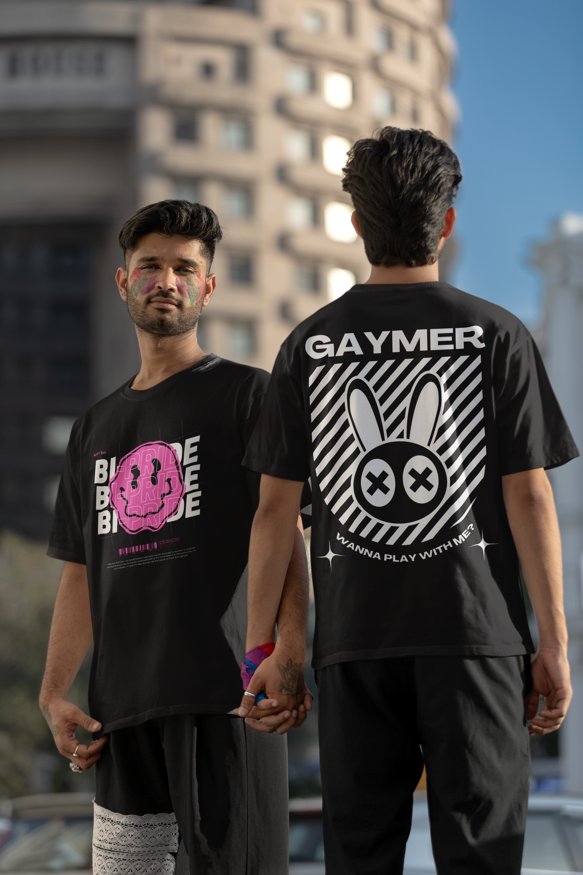 Bi-Pride Graphic Tee Pink Smiley Bisexual+ Pride & Not Shy on front of Black Oversize Deep Drop Shoulder Tee - 190 GSM Oversize Deep Drop Shoulder Tee - 190 GSM