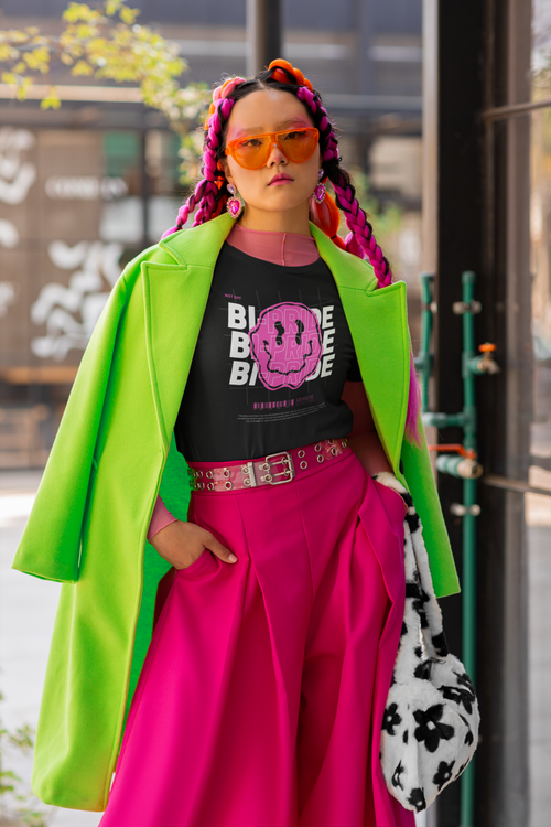 Bi-Pride Graphic Tee Pink Smiley Bisexual+ Pride & Not Shy on front of Black Oversize Deep Drop Shoulder Tee - 190 GSM Oversize Deep Drop Shoulder Tee - 190 GSM