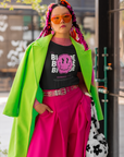 Bi-Pride Graphic Tee Pink Smiley Bisexual+ Pride & Not Shy on front of Black Oversize Deep Drop Shoulder Tee - 190 GSM Oversize Deep Drop Shoulder Tee - 190 GSM