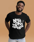 Nova Edge Threads Nostalgic Typo Graphic Tee on front of Black Relaxed Fit T-Shirt
