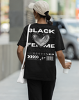 Black Femme Streetwear Fashion Chrome Heart on Black Oversize Deep Drop Shoulder Tee - 190 GSM