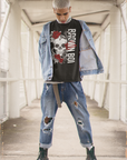 Brown Boi Skull and Red Roses Graphic Chicano Streetwear Style on Front of Black Oversize Deep Drop Shoulder Tee - 190 GSM