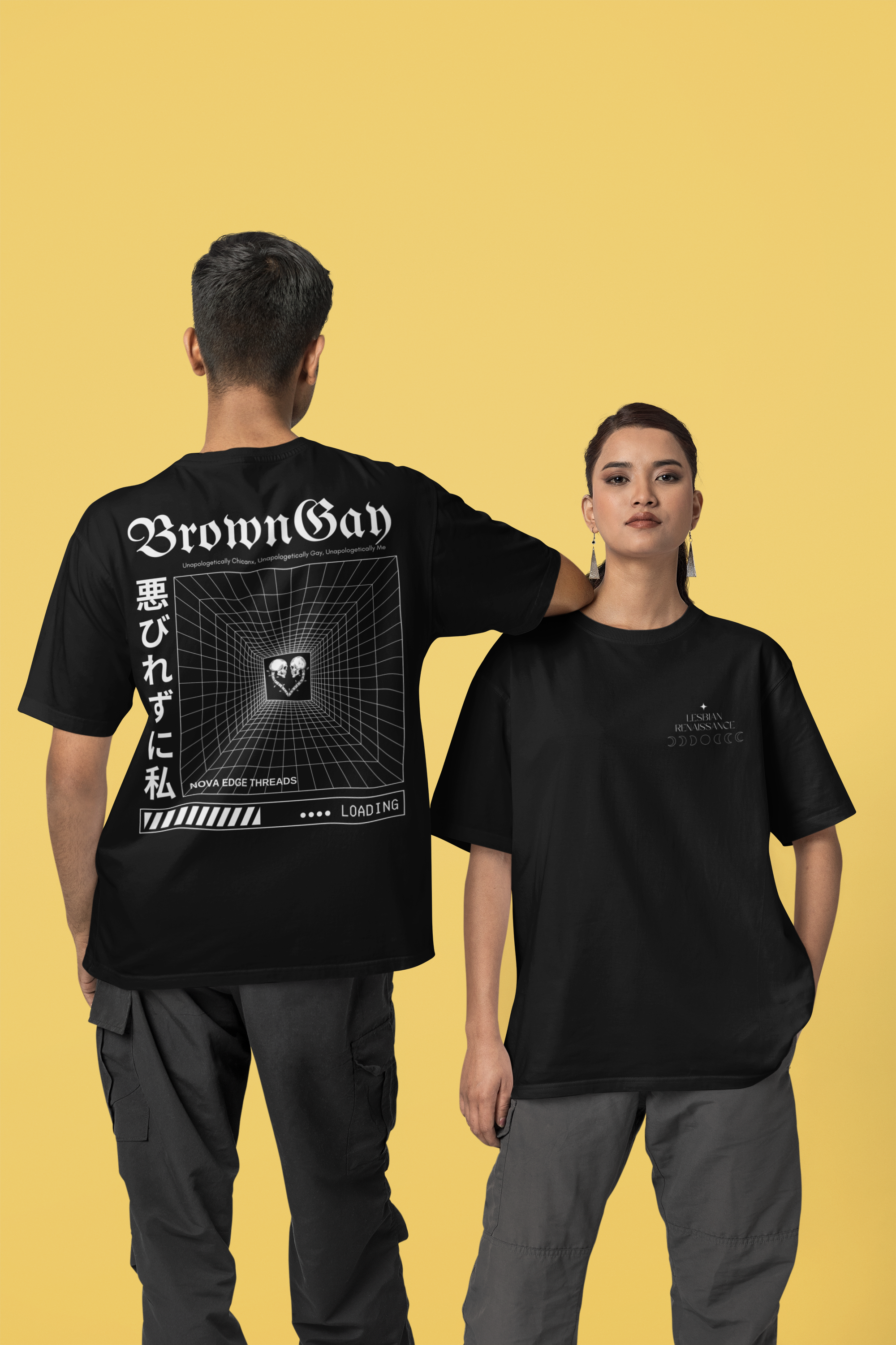 Unapologetically Brown Gay Pride Japanese Streetwear Style on back of Black Oversize Deep Drop Shoulder Tee - 190 GSM Oversize Deep Drop Shoulder Tee - 190 GSM