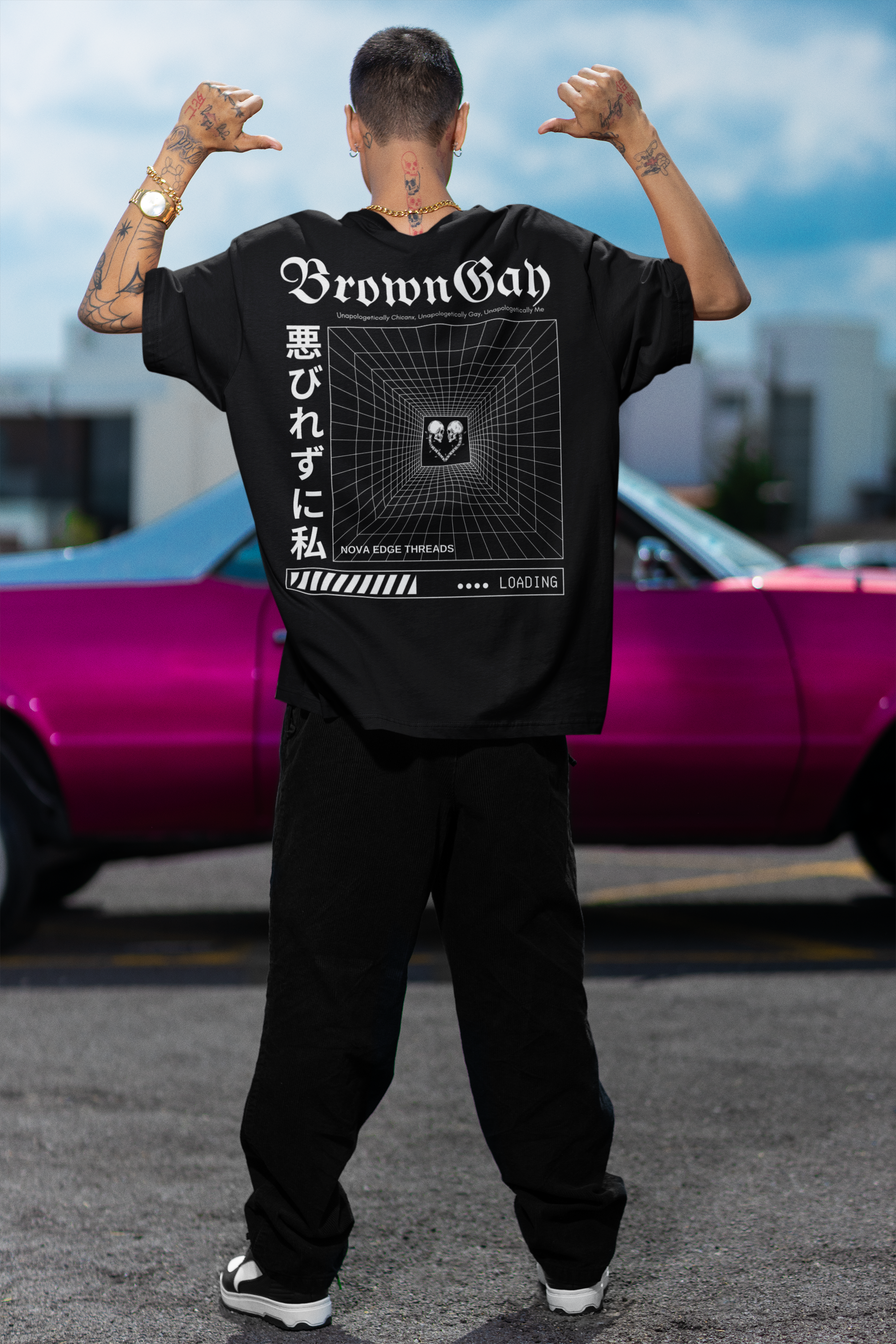 Unapologetically Brown Gay Pride Japanese Streetwear Style on back of Black Oversize Deep Drop Shoulder Tee - 190 GSM Oversize Deep Drop Shoulder Tee - 190 GSM