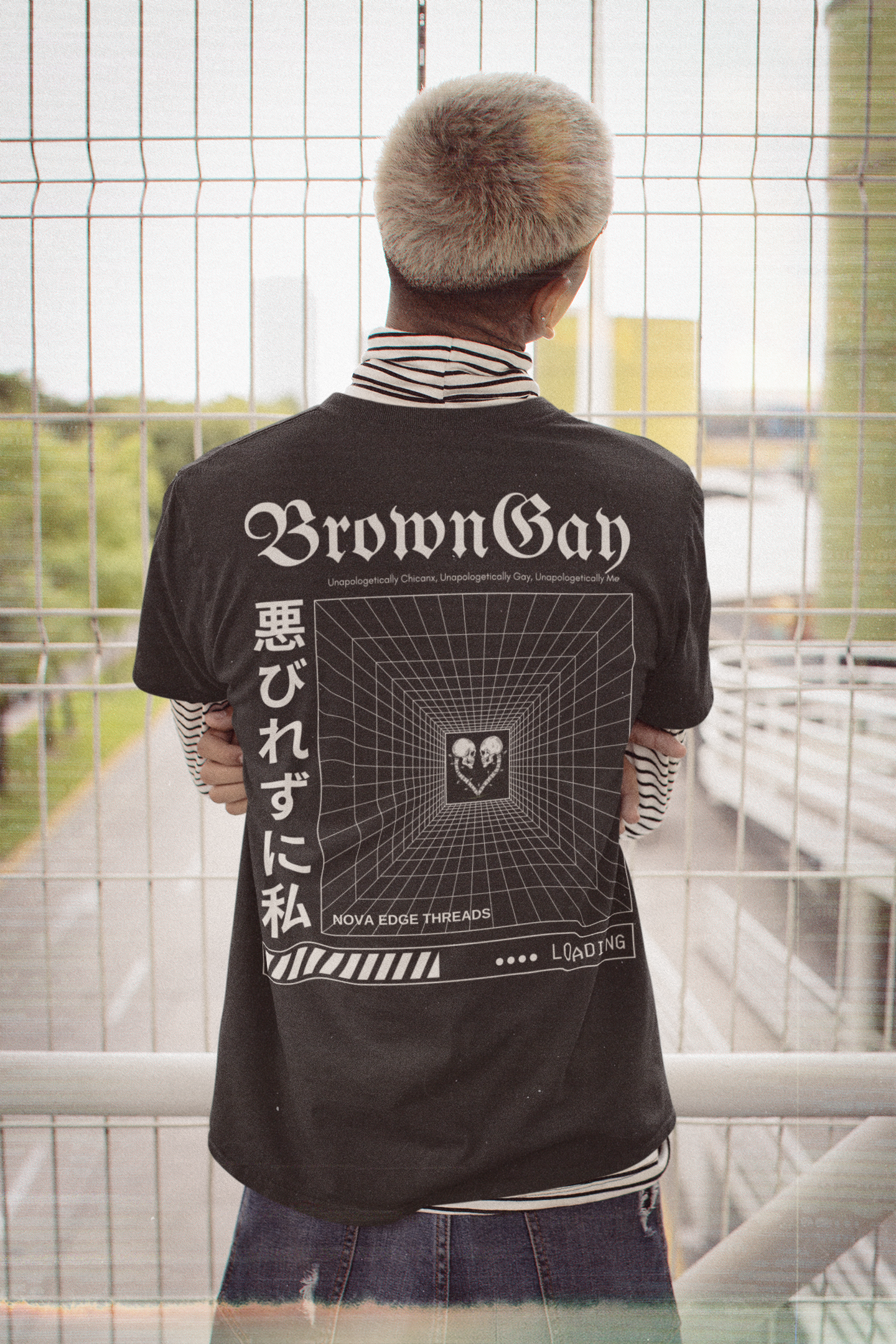 Unapologetically Brown Gay Pride Japanese Streetwear Style on back of Black Oversize Deep Drop Shoulder Tee - 190 GSM Oversize Deep Drop Shoulder Tee - 190 GSM
