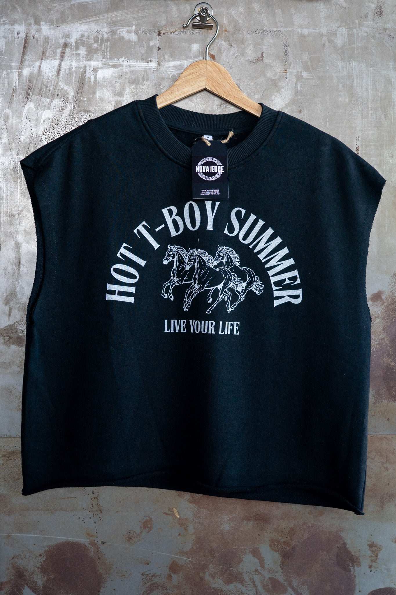 Hot T-Boy Summer Trans Pride on front of Black French Terry Boxy Tank Top French Terry Boxy Tank Top