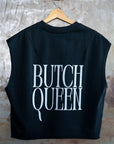 Butch Queen Minimal Punk Aesthetic on back of Black French Terry Boxy Tank Top French Terry Boxy Tank Top