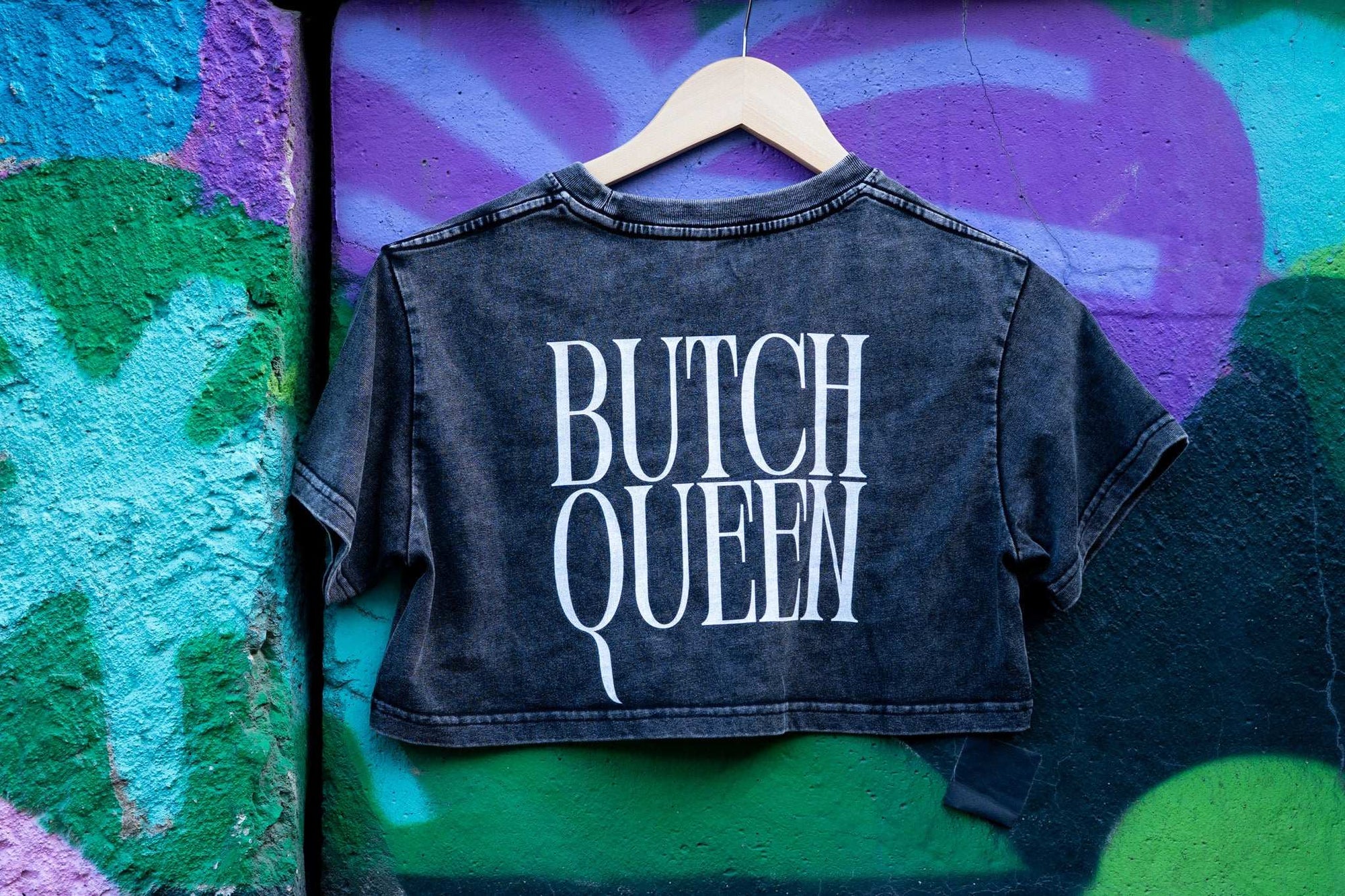Butch Queen Minimal Punk Aesthetic on back of Snow Washed Crop Top Snow Washed Crop Top