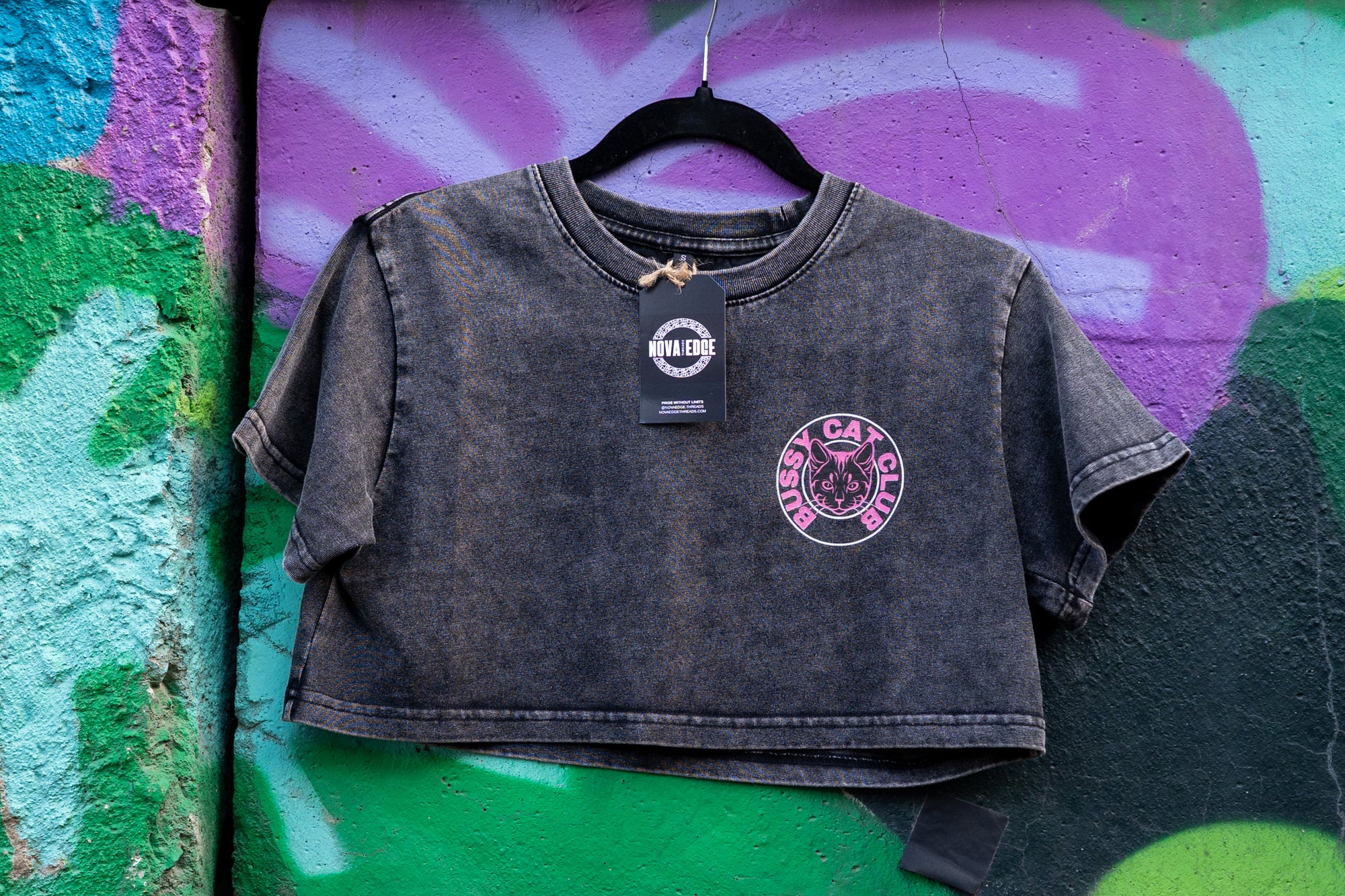 Bussy Cat Club Black and Pink Snow Washed Crop Top