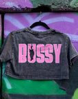 Bussy Cat Club Black and Pink Snow Washed Crop Top