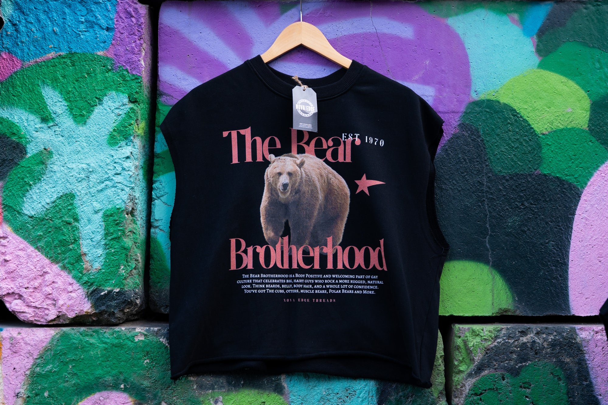 The Bear Brotherhood Graphic Gay Pride Vintage Style on Front of Black French Terry Boxy Tank Top French Terry Boxy Tank Top