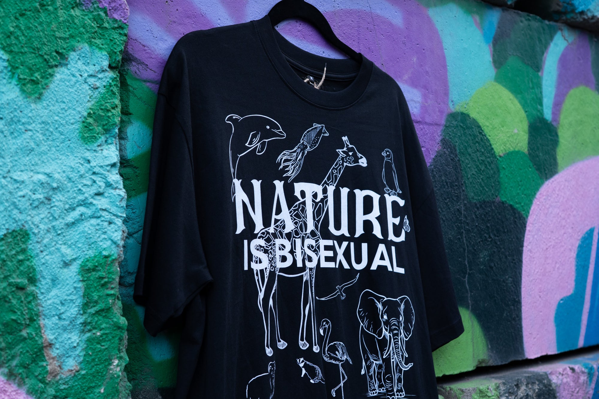 Nature is Bisexual Pride T-Shirt on Black Oversize Deep Drop Shoulder Tee Oversize Deep Drop Shoulder Tee - 190 GSM
