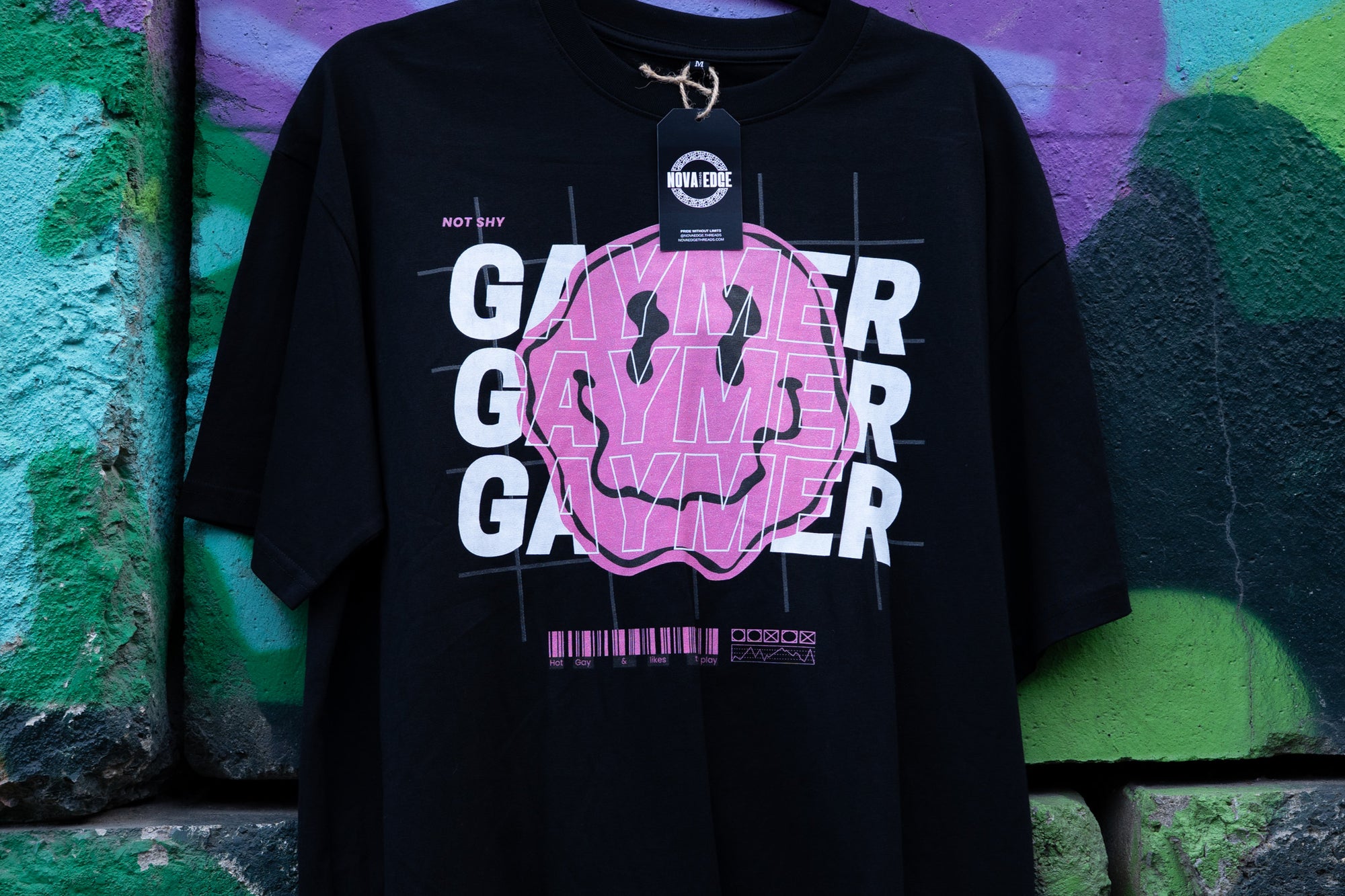 Gaymer Graphic Tee Pink Smiley Gay Pride T-Shirt Black Oversize Deep Drop Shoulder Tee Oversize Deep Drop Shoulder Tee - 190 GSM