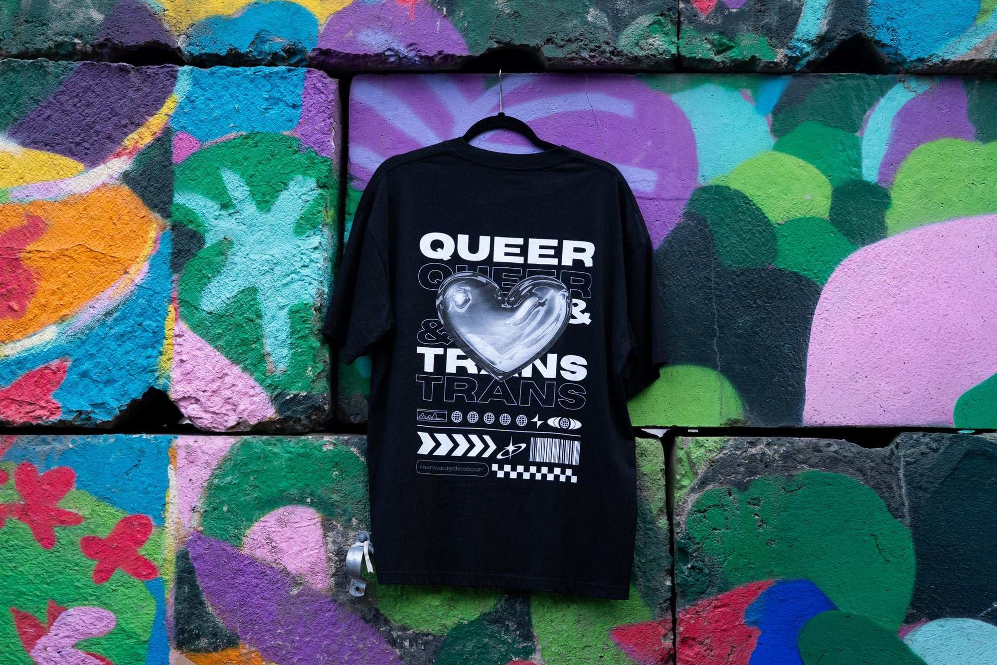 Queer & Trans Pride Chrome Heart Streetwear-Inspired Back Design on Oversize Tee Oversize Deep Drop Shoulder Tee - 190 GSM